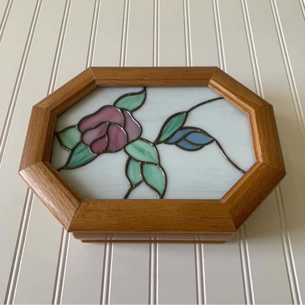 Vintage Stained Glass Floral Jewelry Box in Octagonal Wood Frame